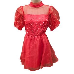 Peach love pink faux pearl sheer poof babydoll mini dress puff sleeve chiffon S
